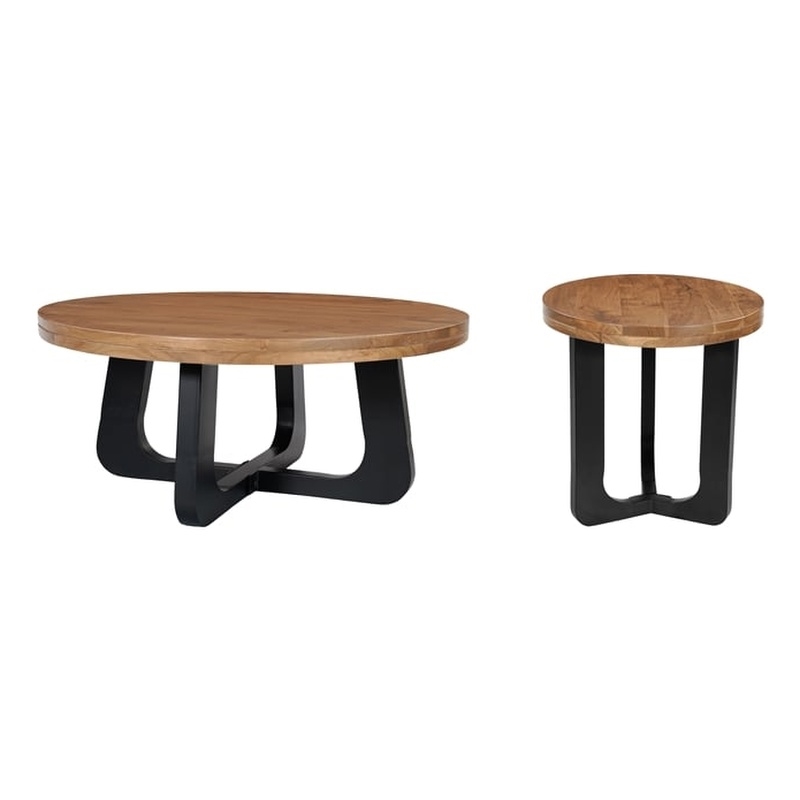 Mason 2-Piece Solid Wood Living Room Table Set with Round Coffee & End Table