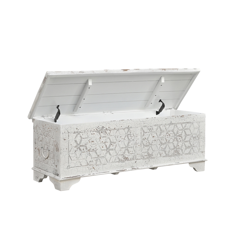 Isabella White Solid Wood Storage Ottoman with Geometric Carved Design