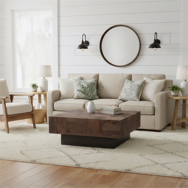 Square Solid Wood Coffee Table Mango Wood Dark Brown Top with Dark Base
