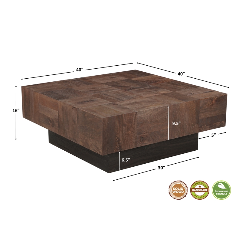 Square Solid Wood Coffee Table Mango Wood Dark Brown Top with Dark Base