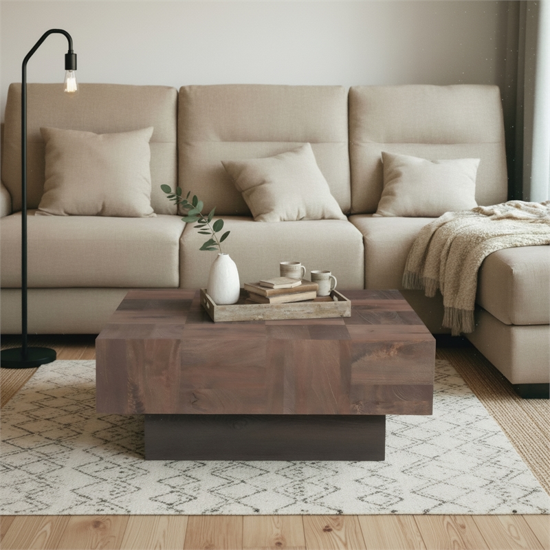 Square Solid Wood Coffee Table Mango Wood Dark Brown Top with Dark Base