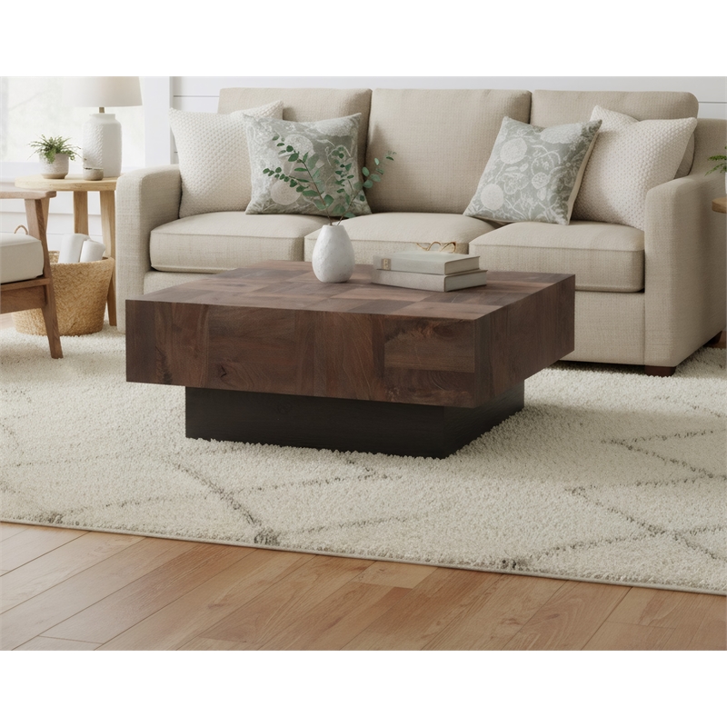 Square Solid Wood Coffee Table Mango Wood Dark Brown Top with Dark Base
