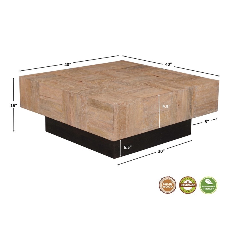 Square Solid Wood Coffee Table Mango Wood Brown Top with Dark Base