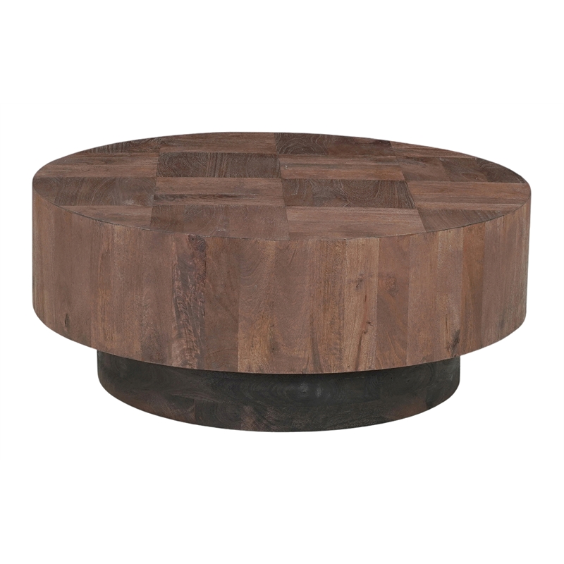 Round Solid Wood Coffee Table Mango Wood Dark Brown Top with Dark Base