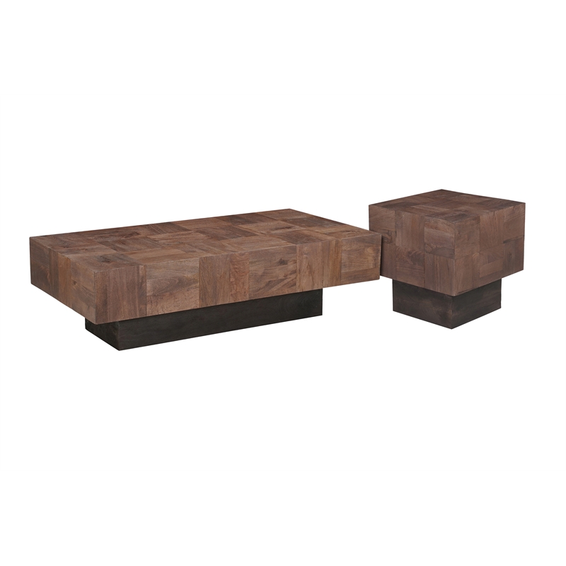 2-Piece Solid Wood Coffee and End Table Set Dark Brown Mango Wood