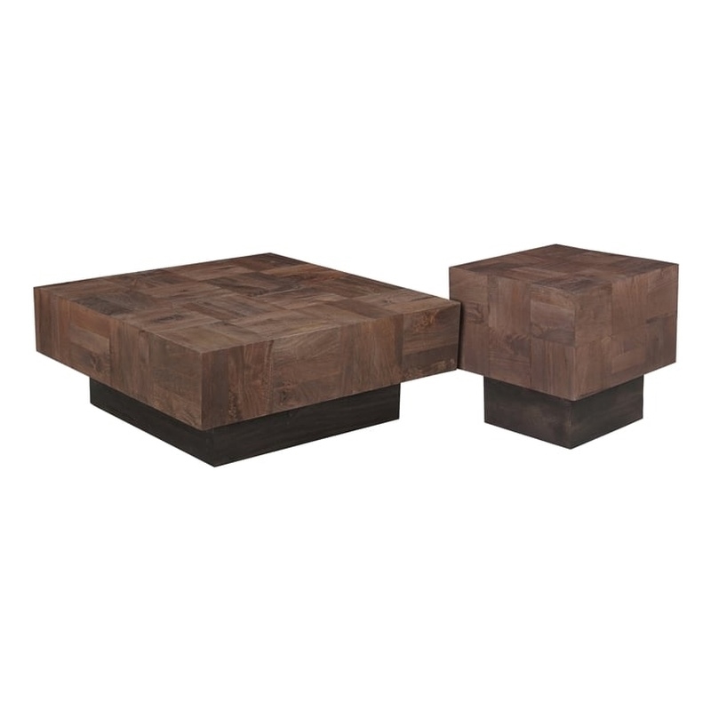 2-Piece Solid Wood Living Room Set Square Coffee and End Tables Dark Brown