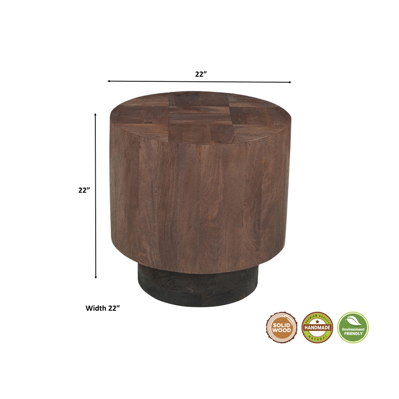 2-Piece Solid Wood Living Room Set Round Coffee and End Tables Dark Brown
