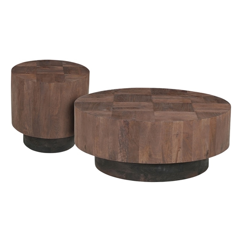 2-Piece Solid Wood Living Room Set Round Coffee and End Tables Dark Brown
