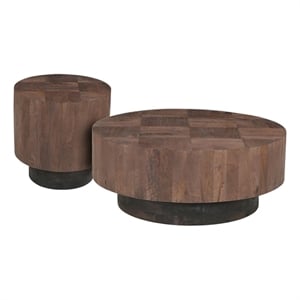 2-Piece Solid Wood Living Room Set Round Coffee and End Tables Dark Brown
