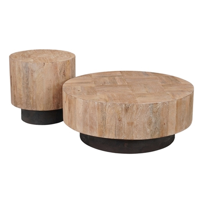 2-Piece Solid Wood Living Room Set Round Coffee and End Tables Brown