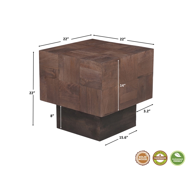 Square Solid Wood End Table Mango Wood Dark Brown Top with Dark Base