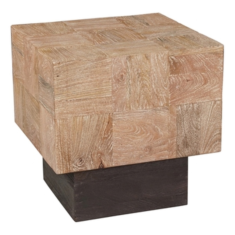 Square Solid Wood End Table Mango Wood Brown Top with Dark Base