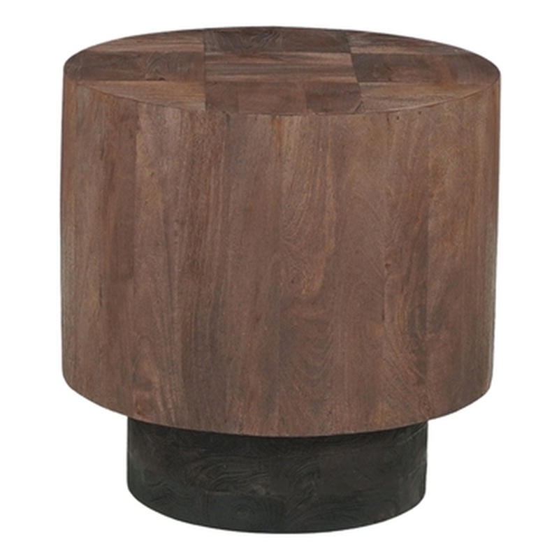 Round Solid Wood End Table Mango Wood Dark Brown Top with Dark Base