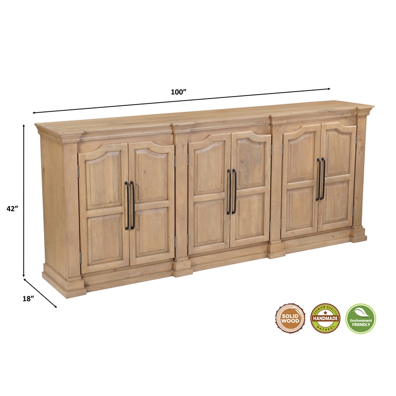 Solid Wood Sideboard with 6 Arched Doors Natural Brown Finish Storage Cabinet