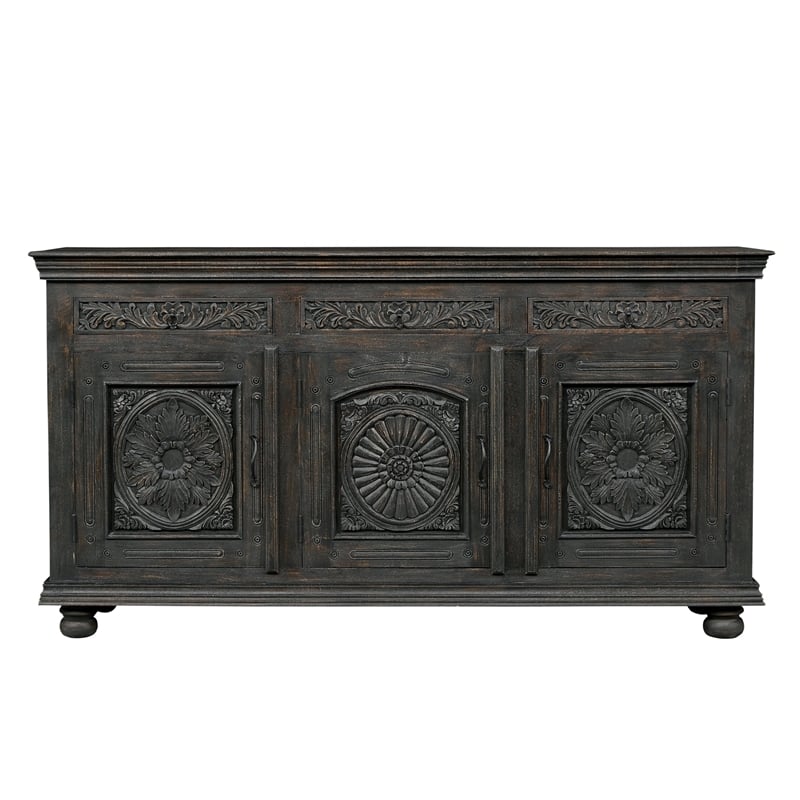 Carved Mango Wood Sideboard with 3 Drawers & Doors Weathered Black