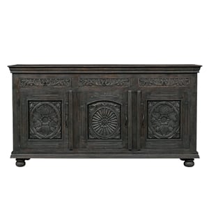 Carved Mango Wood Sideboard with 3 Drawers & Doors Weathered Black