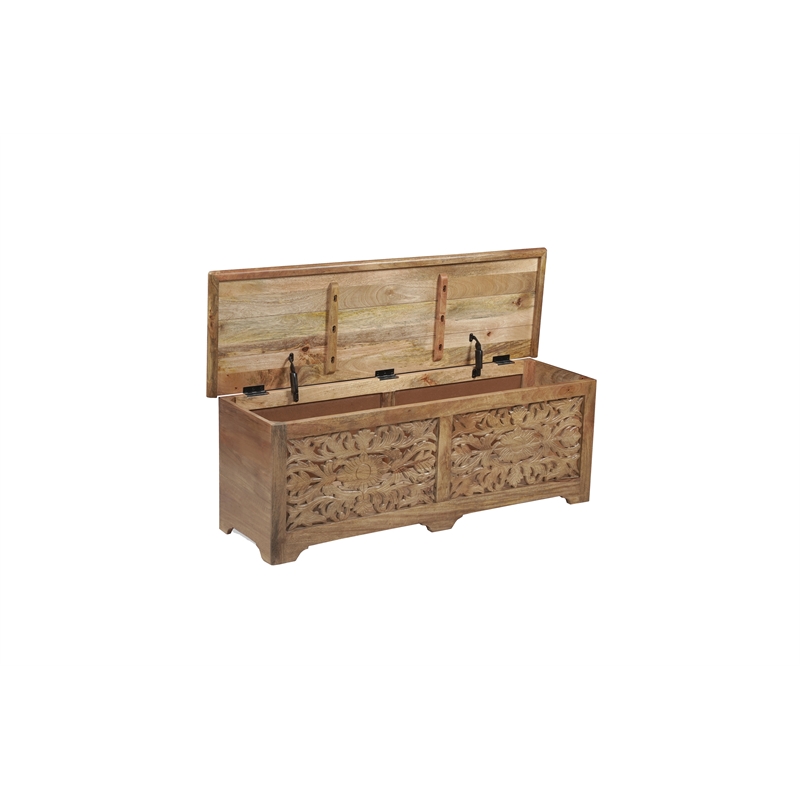Solid Mango Wood Storage Ottoman with Carved Floral Front and Lift-Top