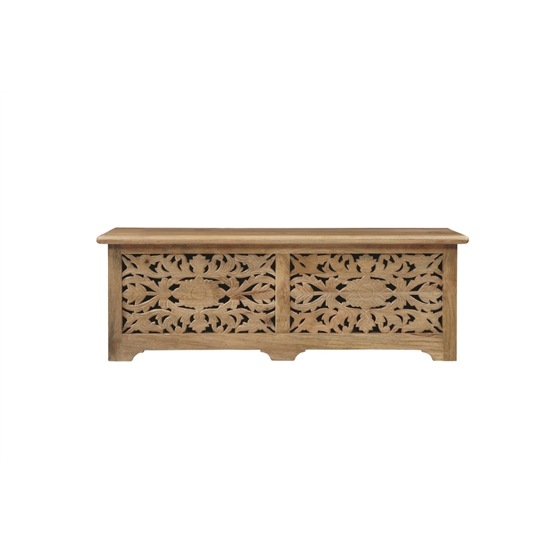 Solid Mango Wood Storage Ottoman with Carved Floral Front and Lift-Top