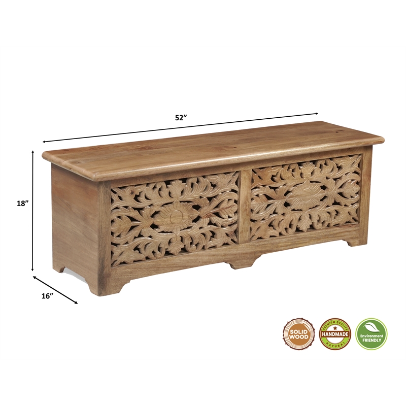 Solid Mango Wood Storage Ottoman with Carved Floral Front and Lift-Top