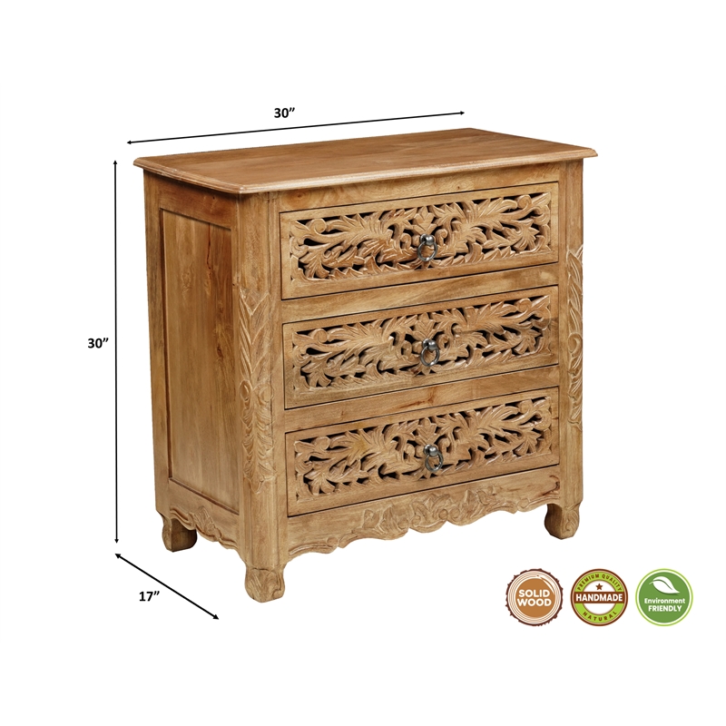 Solid Wood 3-Drawer Carved Nightstand with Brass Ring Pulls Weathered Finish