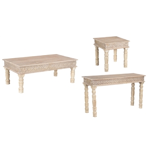 Milton Solid Wood 3-Piece Carved Living Room Table Set Weathered Finish