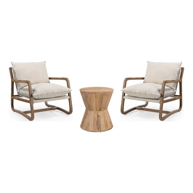 Maria Brown Solid Wood Hourglass Coffee Table and Linen Armchair 3-Piece Set