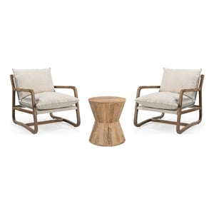 Maria Brown Solid Wood Hourglass Coffee Table and Linen Armchair 3-Piece Set