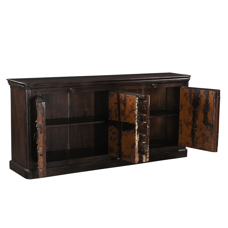 Dark Brown Carved Lattice 4-Door Solid Wood Sideboard Storage Cabinet