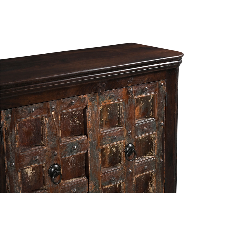 Dark Brown Carved Lattice 4-Door Solid Wood Sideboard Storage Cabinet