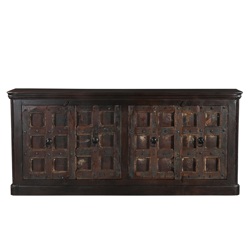 Dark Brown Carved Lattice 4-Door Solid Wood Sideboard Storage Cabinet