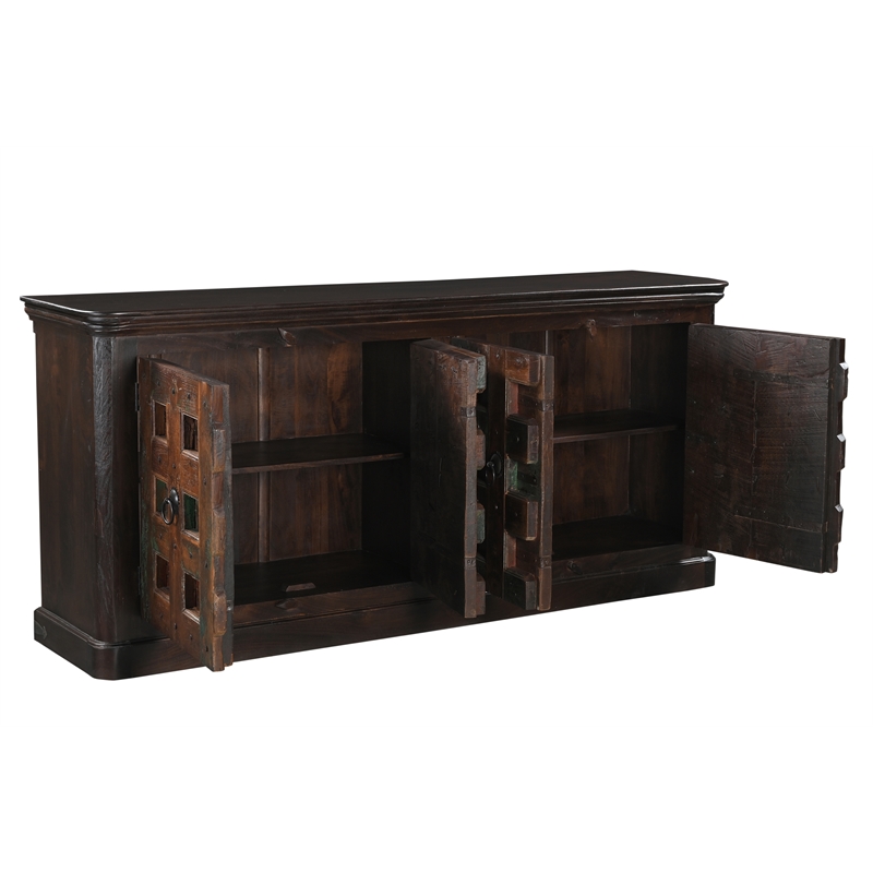 Dark Brown Carved Lattice 4-Door Solid Wood Sideboard Storage Cabinet