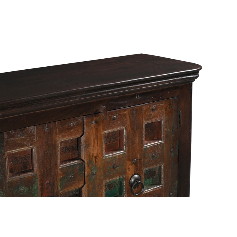 Dark Brown Carved Lattice 4-Door Solid Wood Sideboard Storage Cabinet