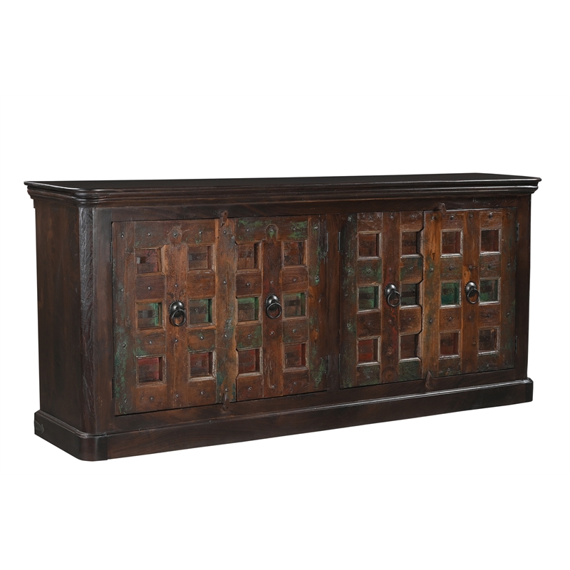Dark Brown Carved Lattice 4-Door Solid Wood Sideboard Storage Cabinet