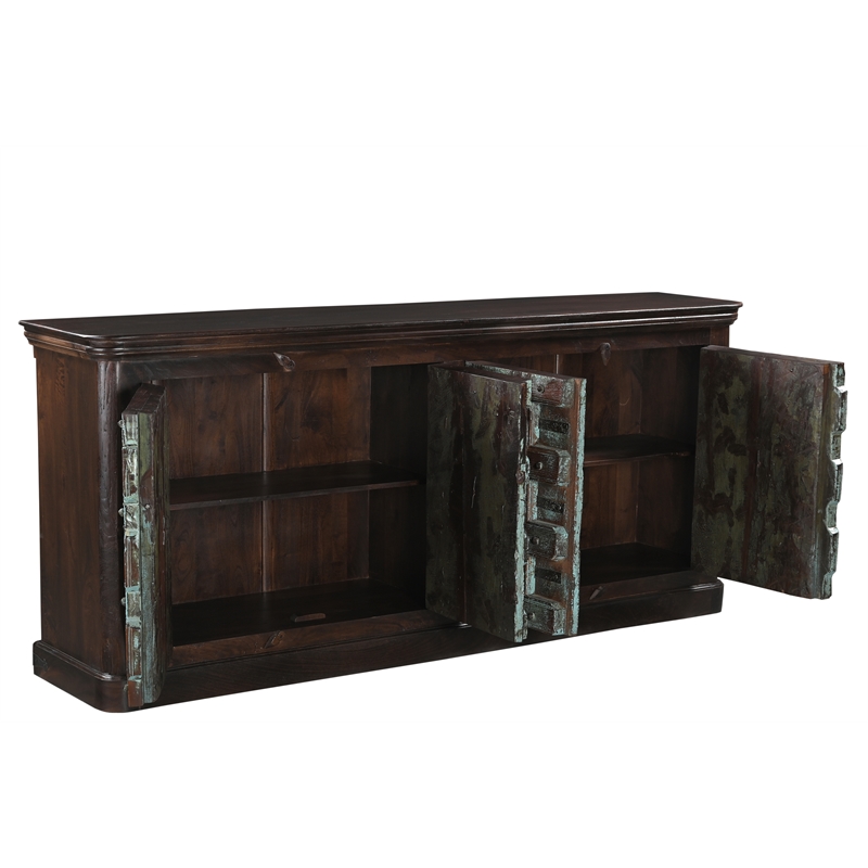 Dark Brown Carved Lattice 4-Door Solid Wood Sideboard Storage Cabinet