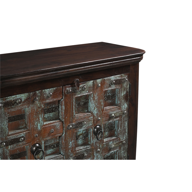 Dark Brown Carved Lattice 4-Door Solid Wood Sideboard Storage Cabinet