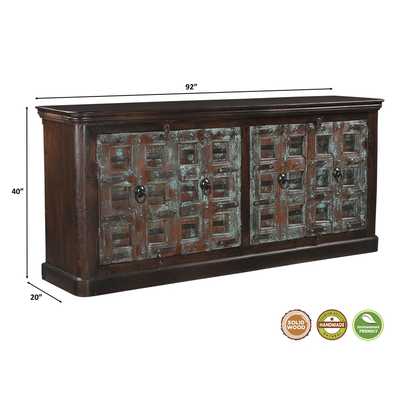 Dark Brown Carved Lattice 4-Door Solid Wood Sideboard Storage Cabinet