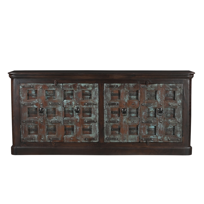 Dark Brown Carved Lattice 4-Door Solid Wood Sideboard Storage Cabinet