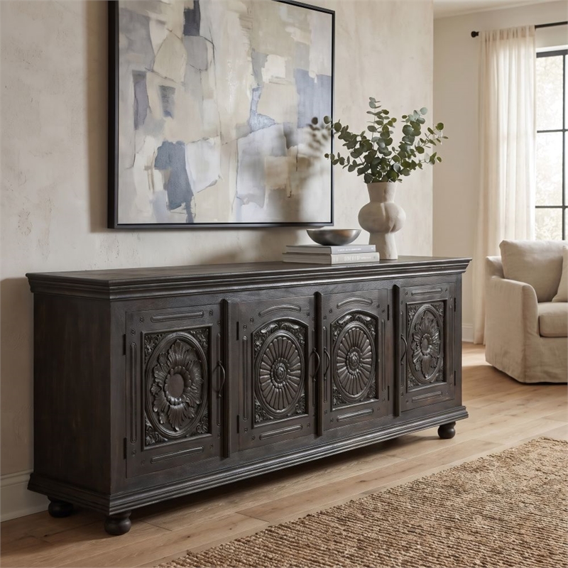 Monte Black Solid Wood Carved Sideboard Cabinet with Floral Details