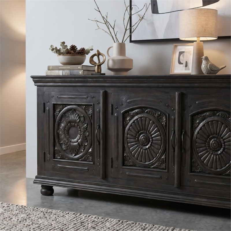 Monte Black Solid Wood Carved Sideboard Cabinet with Floral Details