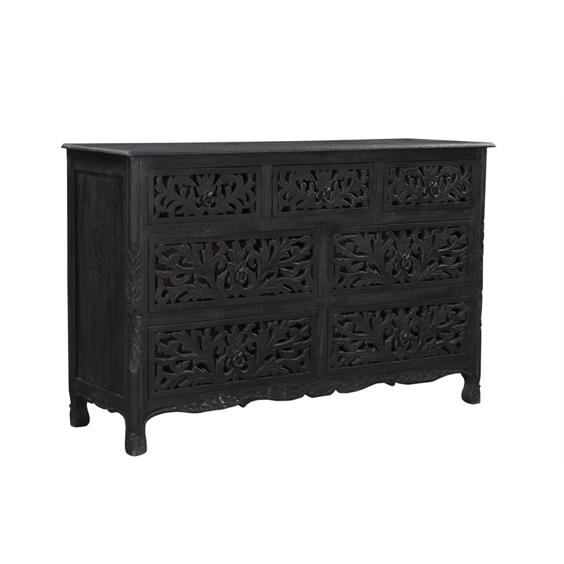 Monte Black Floral Carved Solid Wood Mango 5-Piece Queen Bedroom Set