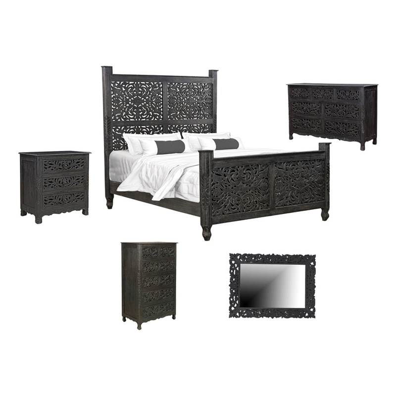 Monte Black Floral Carved Solid Wood Mango 5-Piece Queen Bedroom Set
