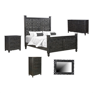 Monte Black Floral Carved Solid Wood Mango 5-Piece Queen Bedroom Set