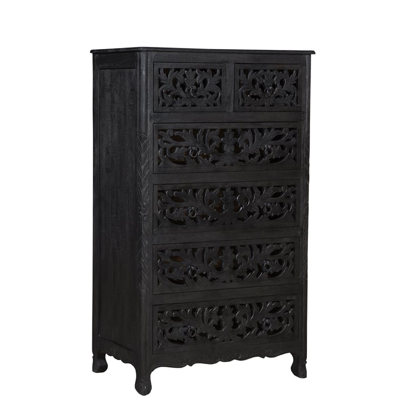 Monte Black Floral Carved Solid Wood Mango 5-Piece Queen Bedroom Set