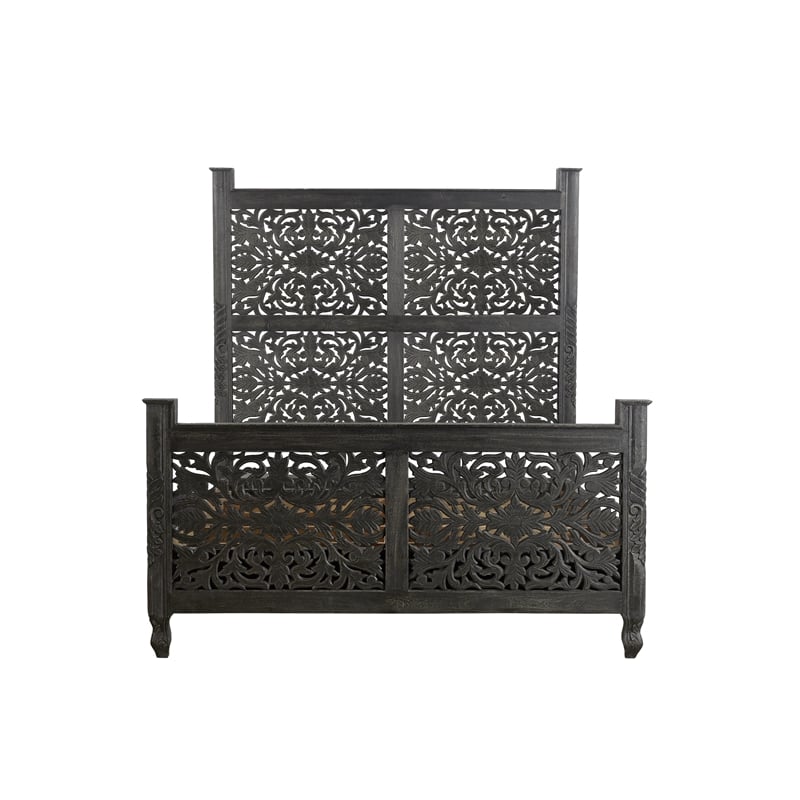Monte Black Floral Carved Solid Wood Mango 5-Piece Queen Bedroom Set