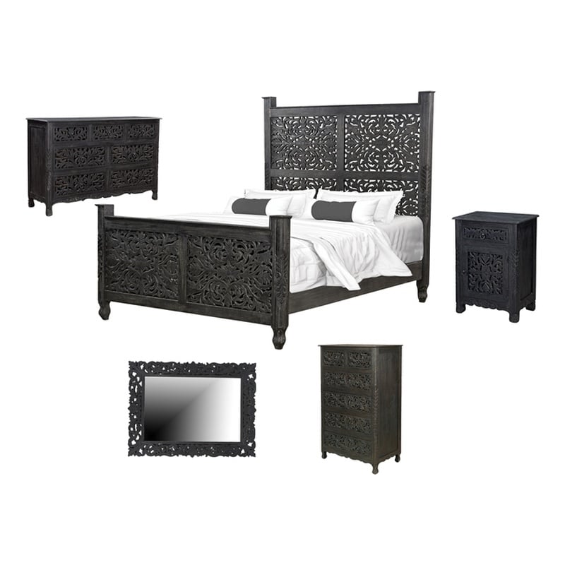 Monte Black Floral Carved Solid Wood Mango 5-Piece Queen Bedroom Set