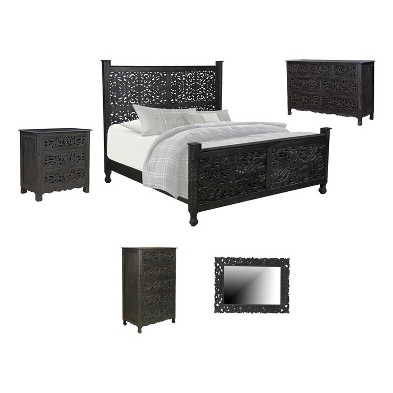 Monte Black Floral Carved Solid Wood Mango 5-Piece King Bedroom Set