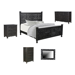 Monte Black Floral Carved Solid Wood Mango 5-Piece King Bedroom Set