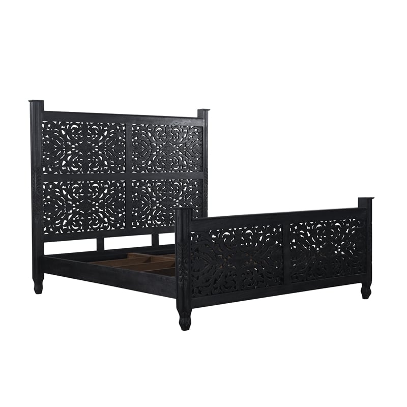 Monte Black Floral Carved Solid Wood Mango 5-Piece King Bedroom Set