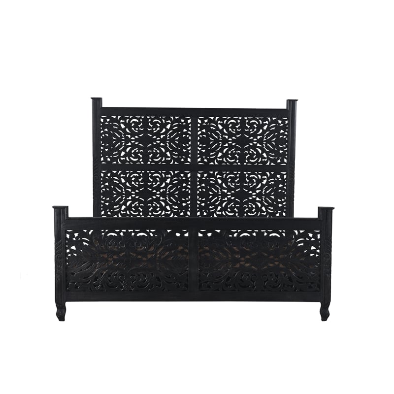 Monte Black Floral Carved Solid Wood Mango 5-Piece King Bedroom Set