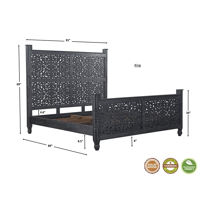 Monte Black Floral Carved Solid Wood Mango 5-Piece King Bedroom Set